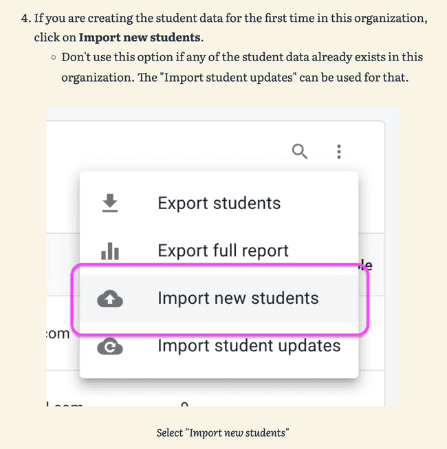 Support site — Image with hot pink guides in the import students support article