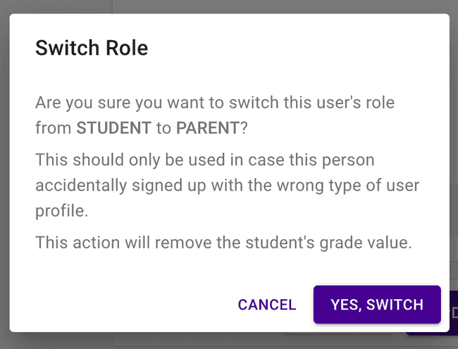 Student to Parent switch — Confirmation dialog