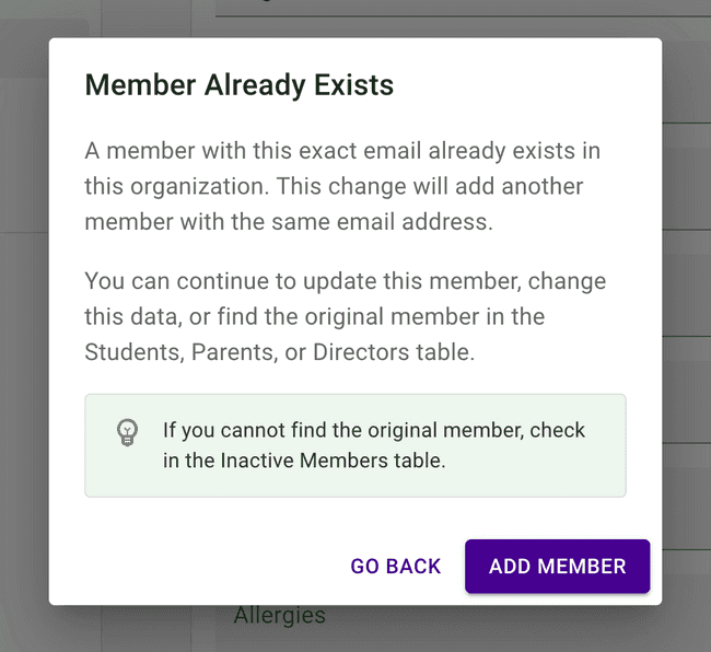 Adding a new member — Member already exists warning