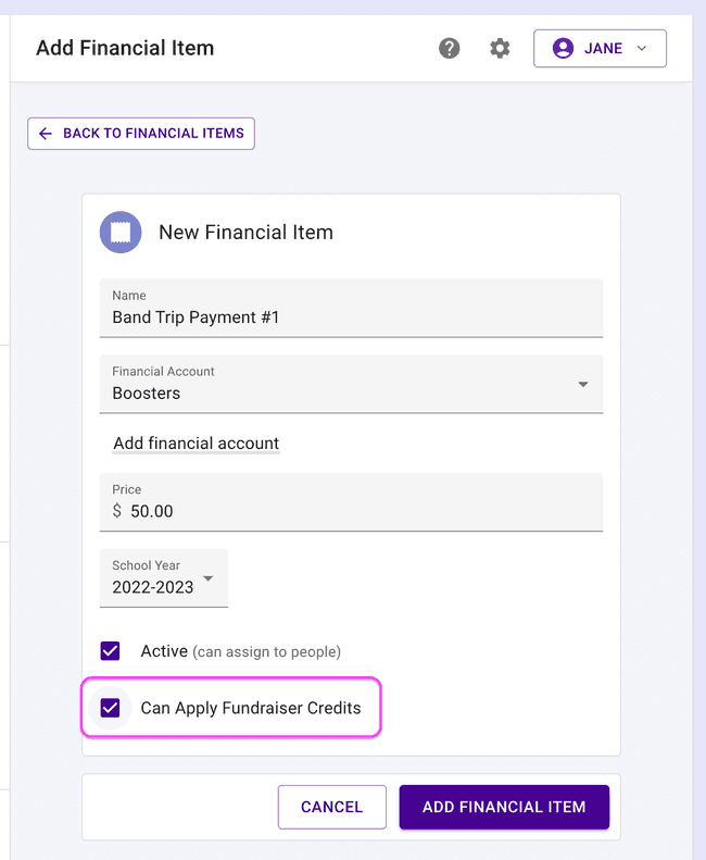 Financial item - Allows fundraiser credits