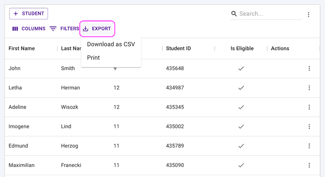 Students table - Export or print from the table