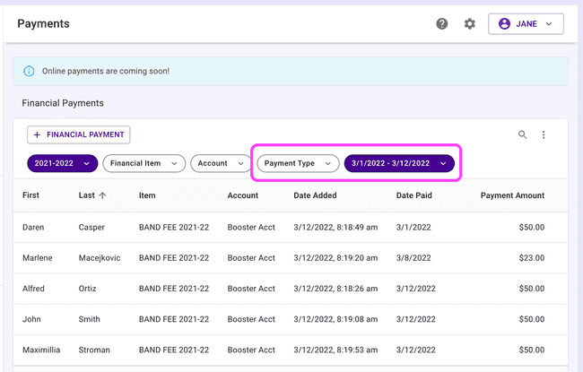 Financial Payments table - payment type and date range filters