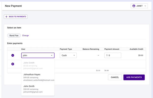 Payment by Item - Choose a User