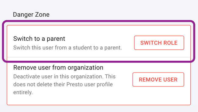 Student or Parent Details — Danger Zone options