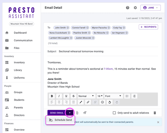 Email Composer — Scheduled Send button