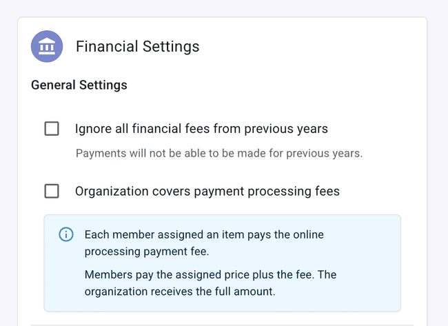 Leave box unchecked for the member to pay the fee