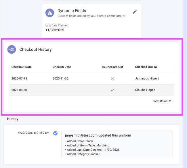 The uniform details page shows all checkout history