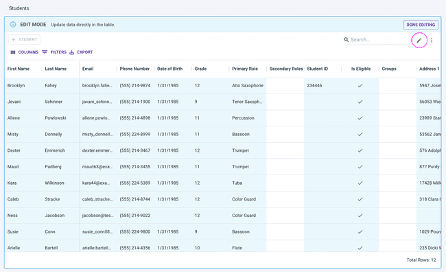 Students table - Quick edit in table