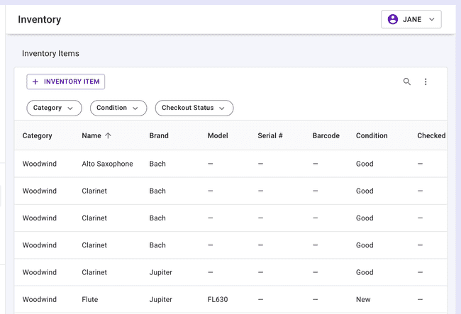 Inventory table — Updated column order