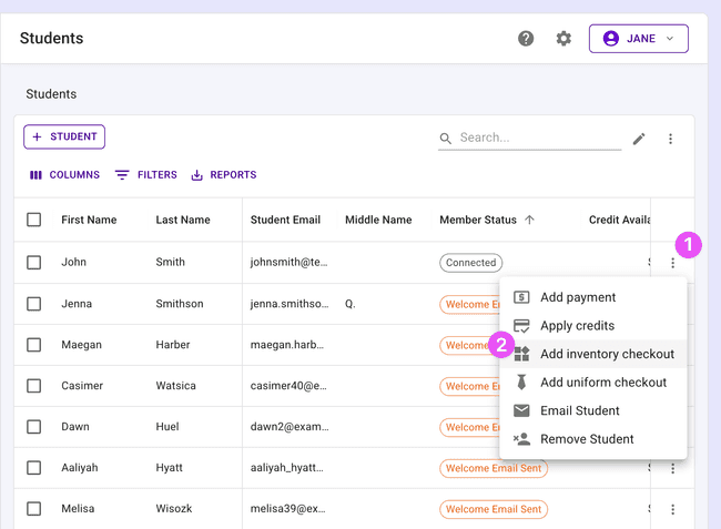 Checkout inventory from any row in the students table 