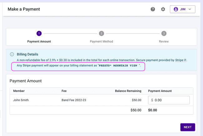 Parent Payment - Preview of Stripe payment on their bank statement