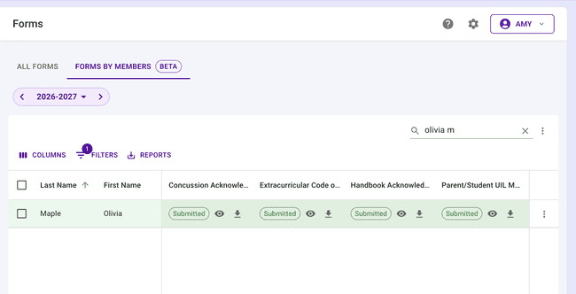 Use the icons next to the submitted forms to view or download