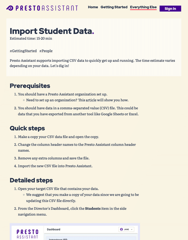 Support site — Support article to import student data