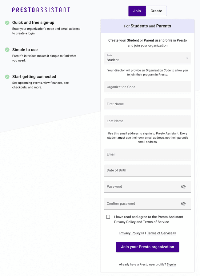 Join Page - Join an organization with a new student or parent profile