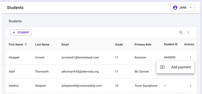 Students table - add payment from row