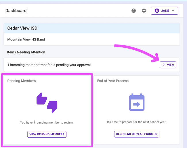 View incoming transfer requests from the dashboard
