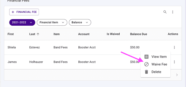 Fees table - Waive fee menu item