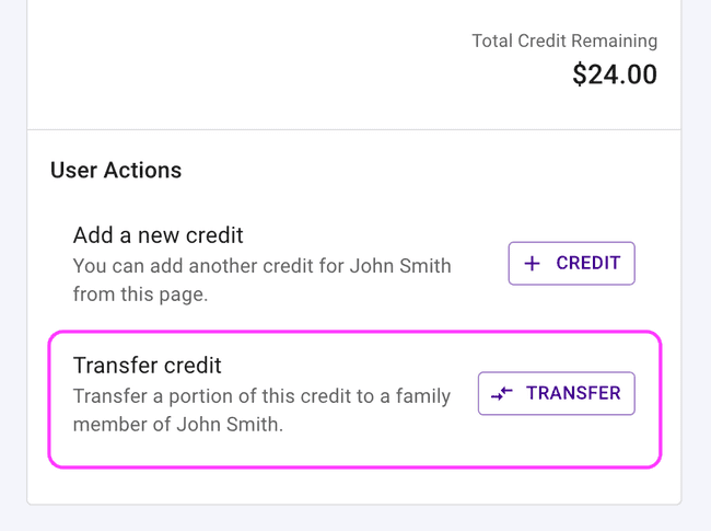 Financial Credit details - Transfer credit to another family member