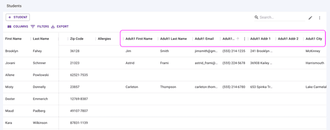 Students table - Quickly find parent data