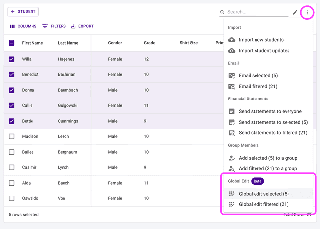 Find Global Edit in the More Actions table menu