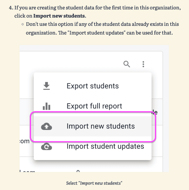 Support site — Image with hot pink guides in the import students support article