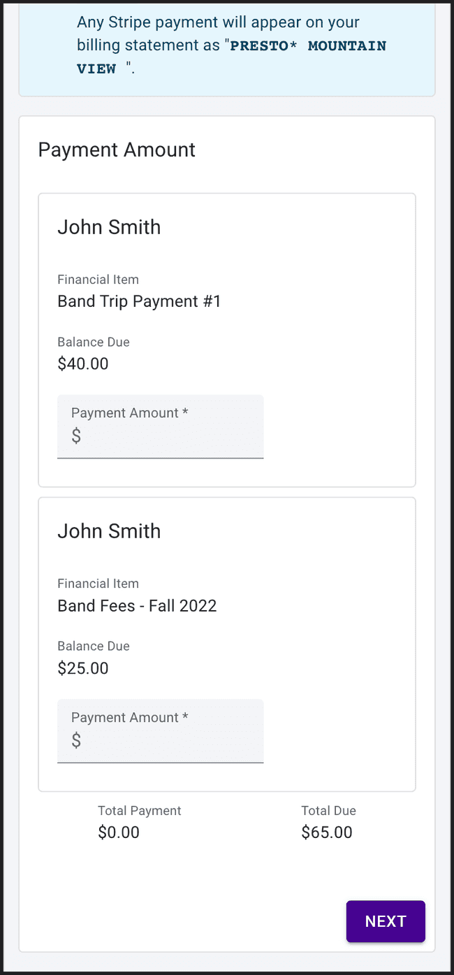 Financial Payments - Mobile screen view