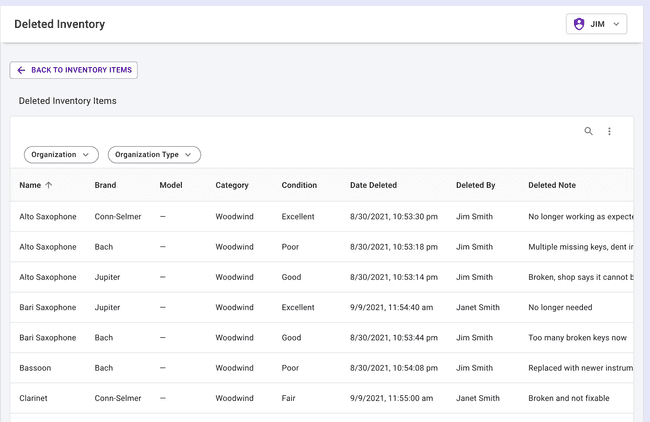 District Admin - Deleted Inventory Items Table