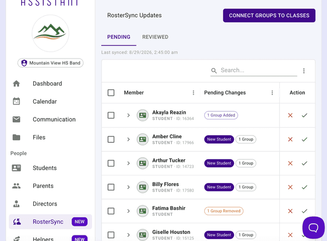 RosterSync shows you roster changes coming from your school's student information system, so you can approve the ones you want
