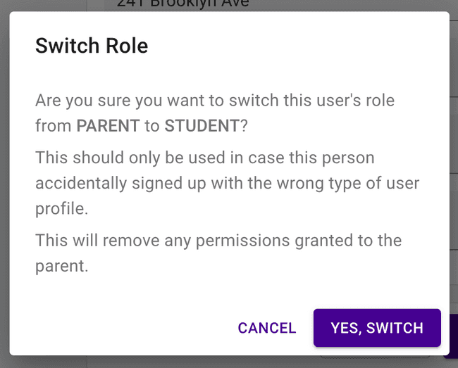Parent to Student switch — Confirmation dialog