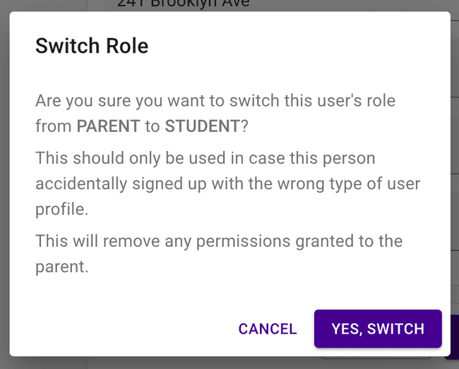 Parent to Student switch — Confirmation dialog