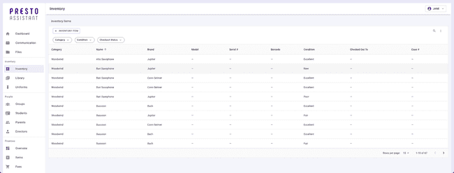 Inventory Table - wide screen view