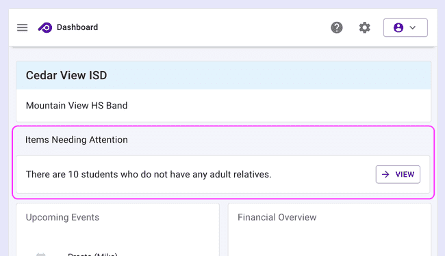 Dashboard - View how many students are missing parent data