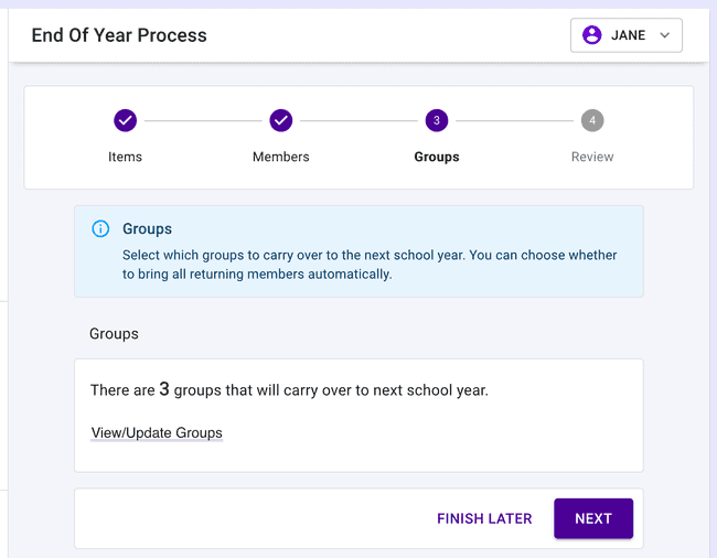 Choose which groups to carry forward to next year