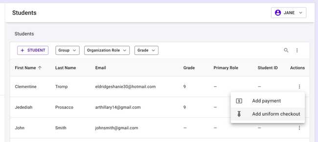 Students table - Add uniform checkout