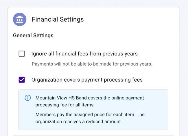 Check the box for the organization to pay the fee