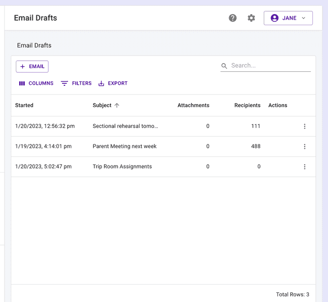 Draft Emails Table — View drafts and press any row to start editing again