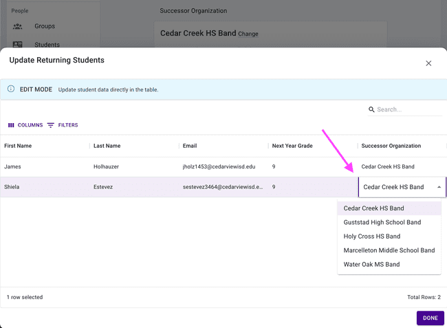 Update Returning Students table - Edit cells directly in the table