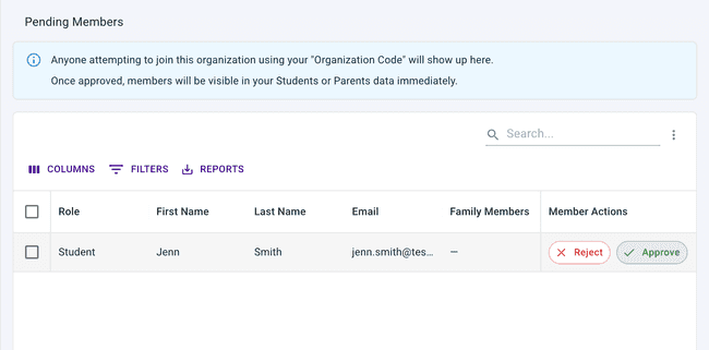 Move fast through your list of pending members with actions in the table