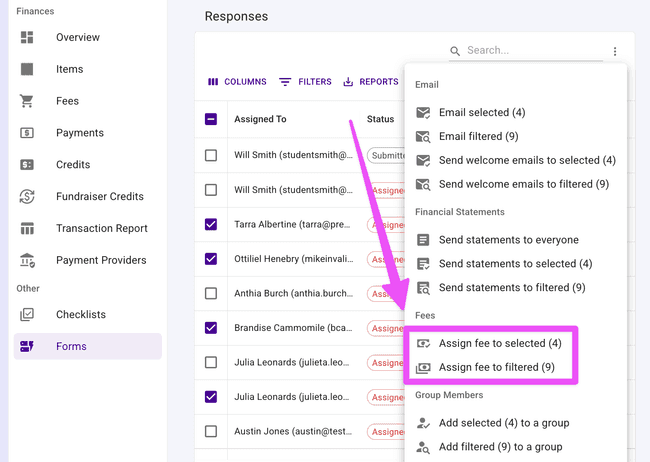 Select or filter form responses, then assign a fee to those members without leaving the page