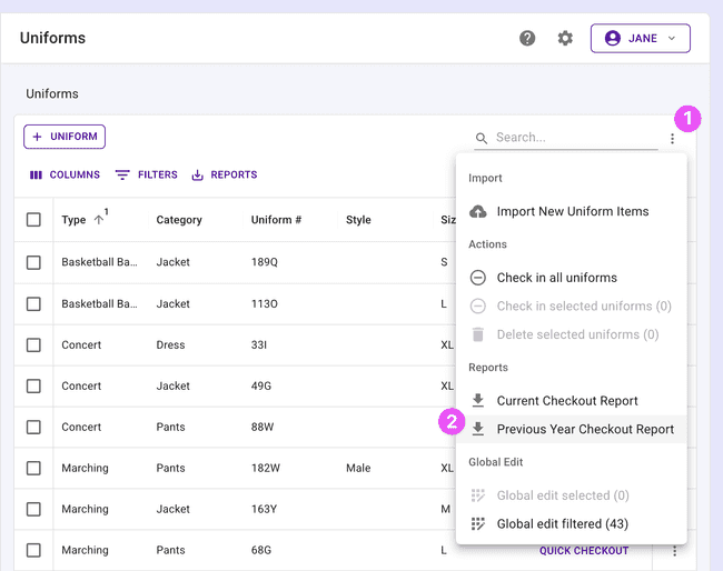 Prior year uniform checkout report