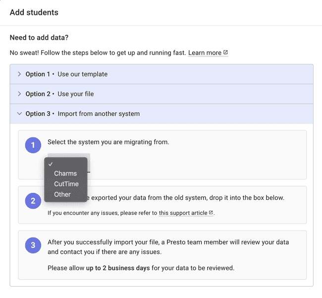 Import from another system — Choose an option