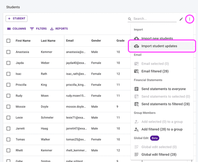 Find Import Student Updates in the More Actions table menu