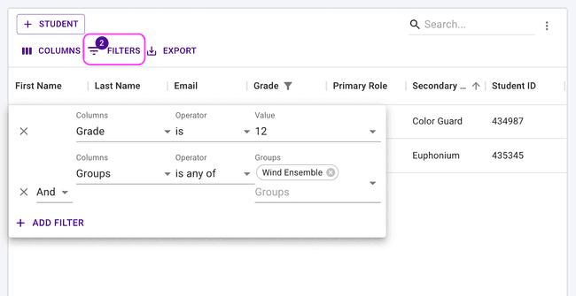 Students table - Multiple filters