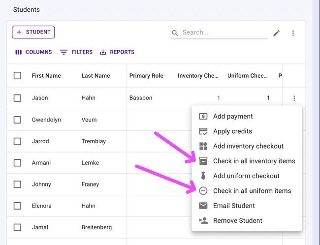 Check in student inventory and uniforms all at once