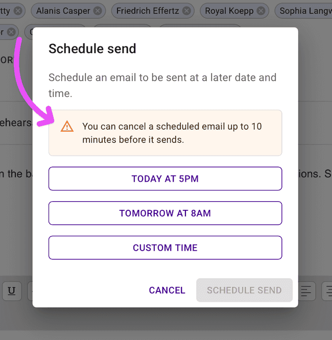 A clear reminder when scheduling emails