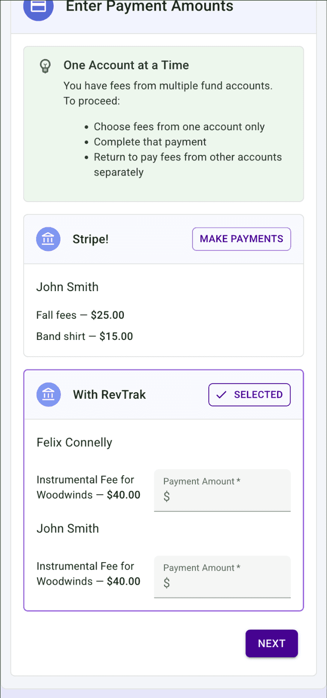 Parent view when making payments for different Financial Accounts