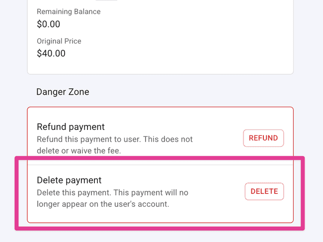 Delete a payment from the Danger Zone