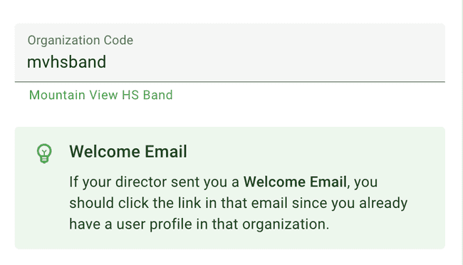 Join Page - Organization Code "Welcome Email" tip