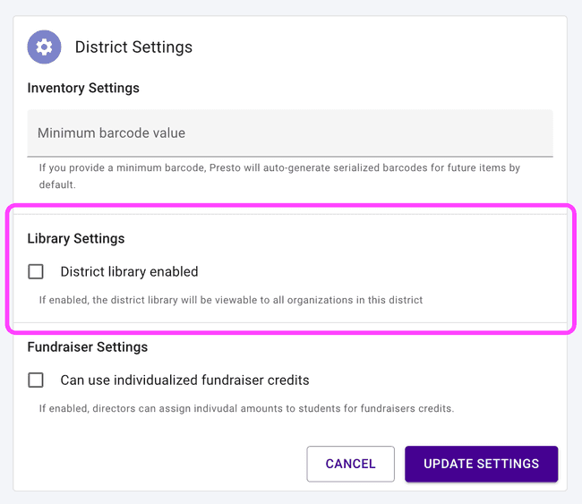 District users can show or hide the district library 