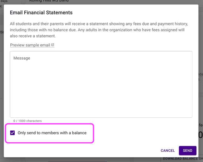 Send statements - Choose to only email to members with a balance
